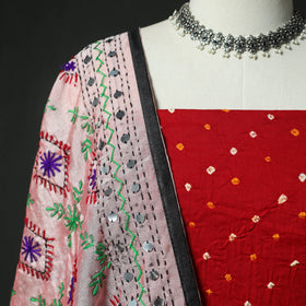 Red - Kutch Bandhani Tie-Dye Cotton 2pc Unstitched Dress Material Kurta Set with Earrings 02
