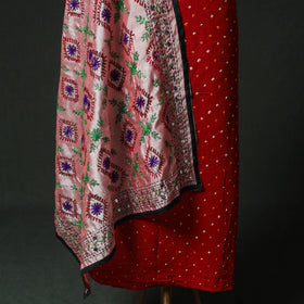 Red - Kutch Bandhani Tie-Dye Cotton 2pc Unstitched Dress Material Kurta Set with Earrings 02