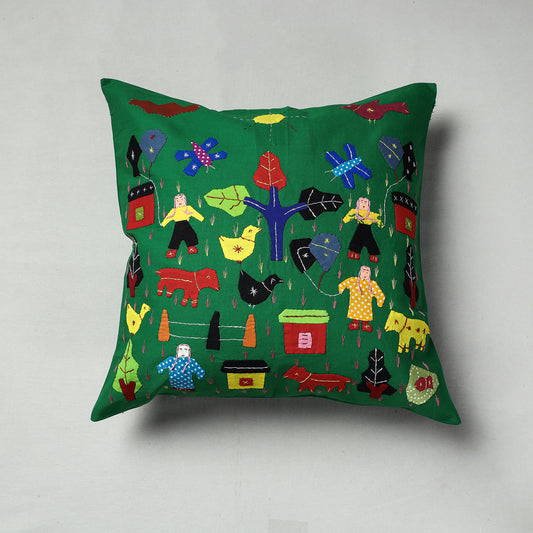 Green - Pipli Applique Work Cotton Cushion Cover (16 x 16 in)