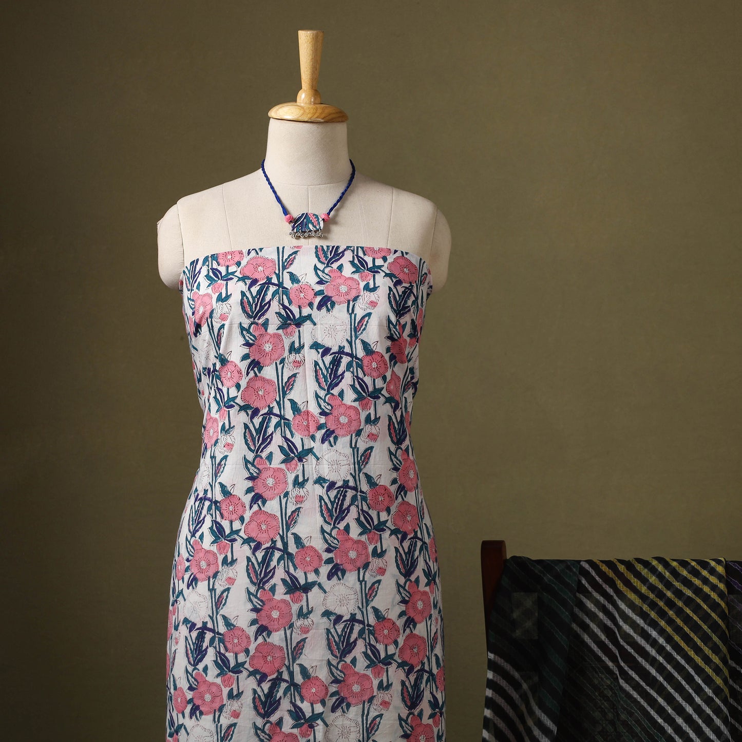 Pink Designer! Block Print Cotton Dress Material with Jewellery Set