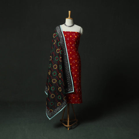Kutch Bandhani Tie-Dye Cotton 2pc Unstitched Dress Material Kurta Set with Earrings 04