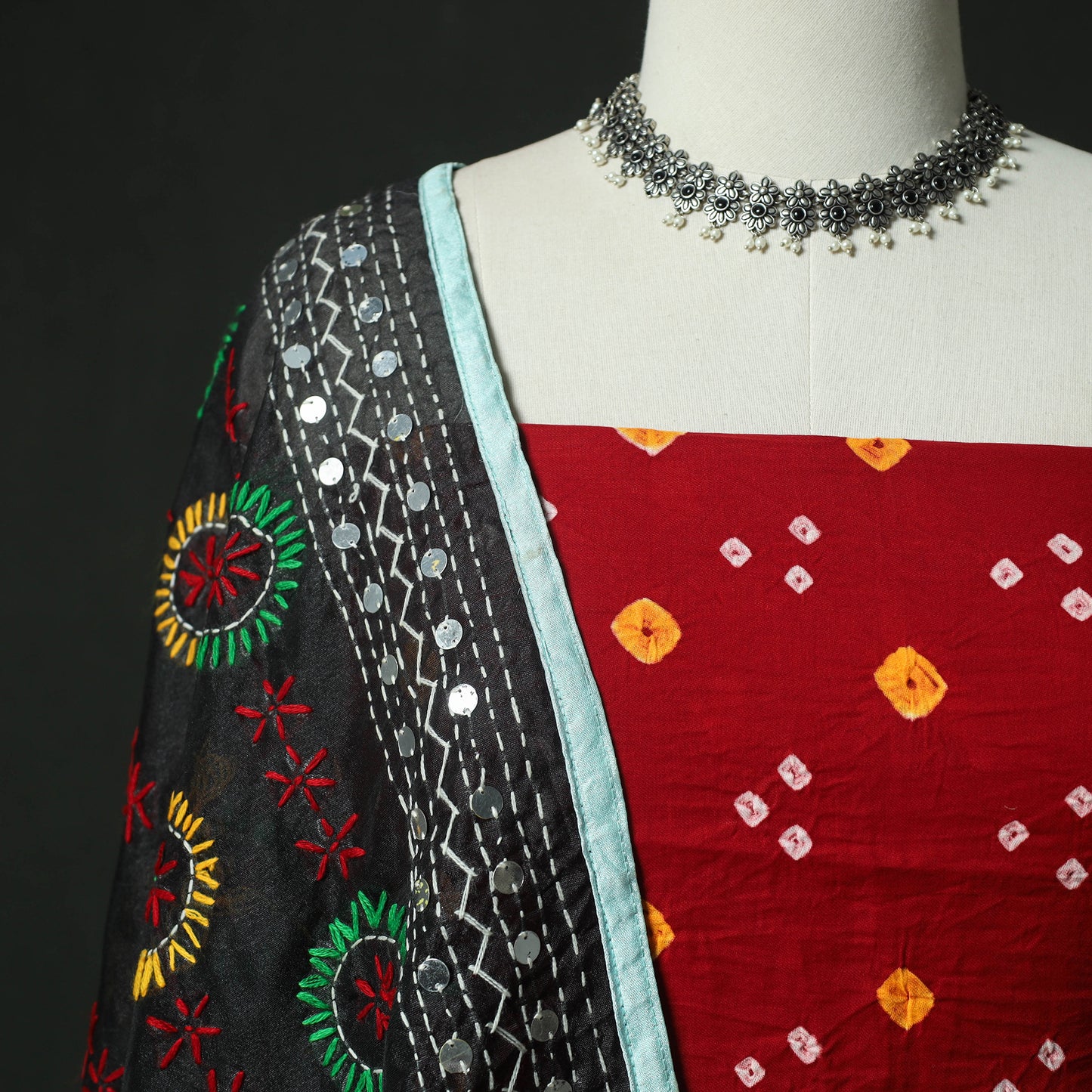 Red - Kutch Bandhani Tie-Dye Cotton 2pc Unstitched Dress Material Kurta Set with Earrings 04