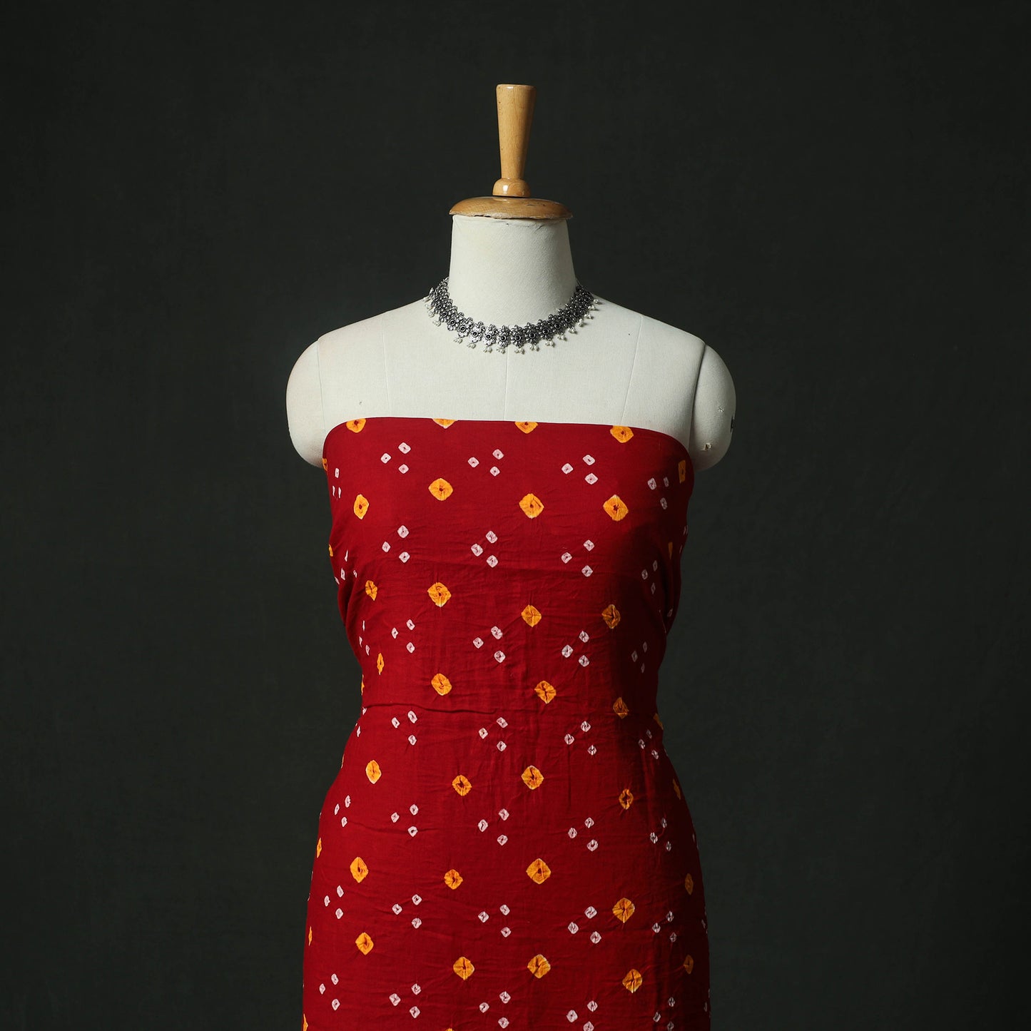 Red - Kutch Bandhani Tie-Dye Cotton 2pc Unstitched Dress Material Kurta Set with Earrings 04