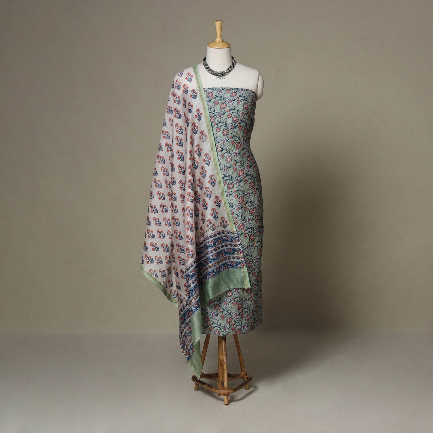 Green - 3pc chanderi silk unstitched sanganeri dress