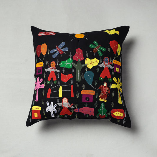 Black - Pipli Applique Work Cotton Cushion Cover (16 x 16 in)