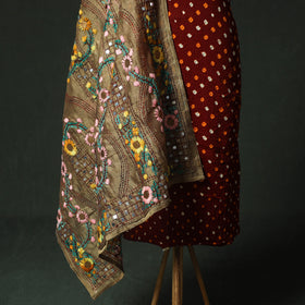 Maroon - Kutch Bandhani Tie-Dye Cotton 2pc Unstitched Dress Material Kurta Set with Earrings 05