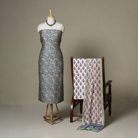 Green - 3pc chanderi silk unstitched sanganeri dress