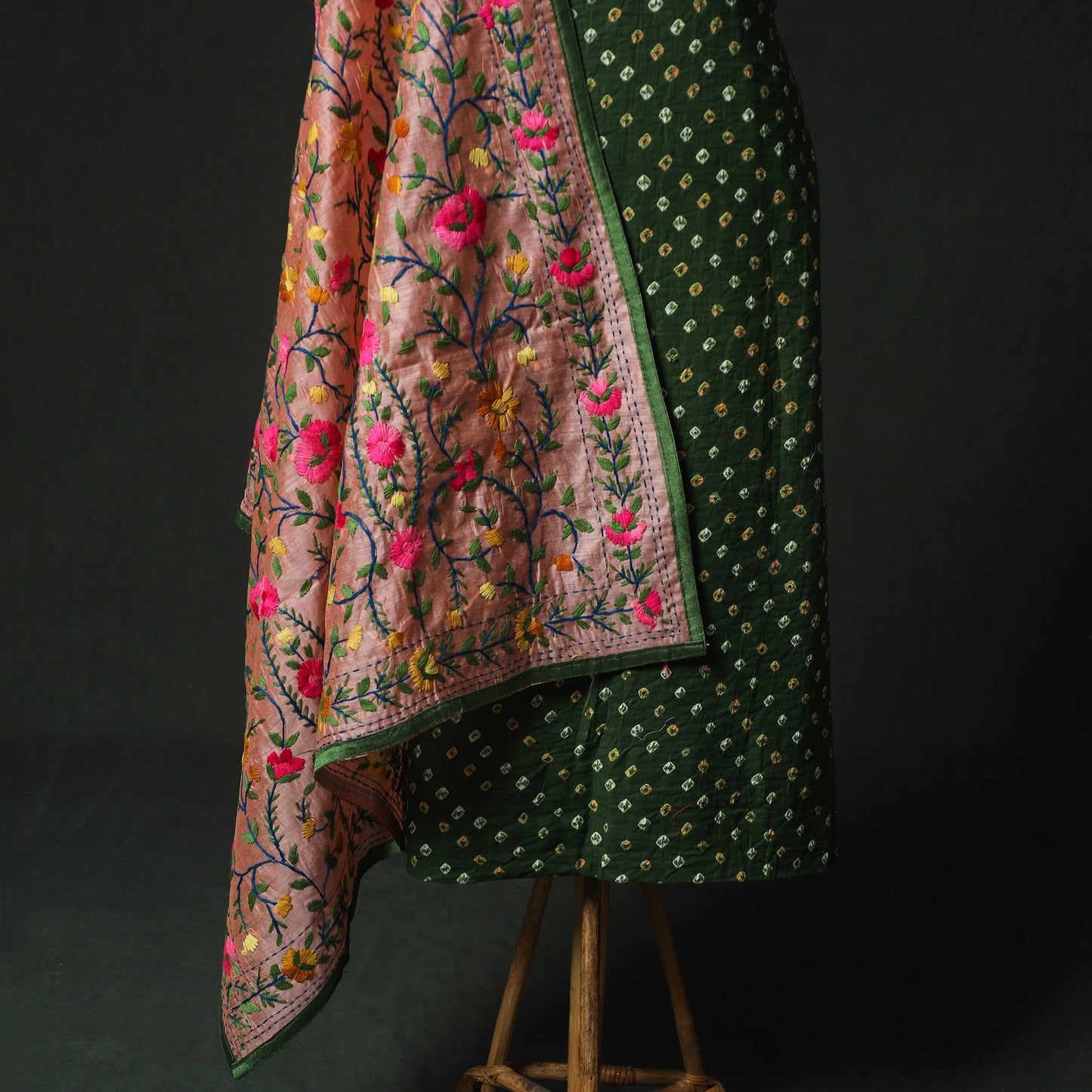 Green - Kutch Bandhani Tie-Dye Cotton 2pc Unstitched Dress Material Kurta Set with Earrings 06