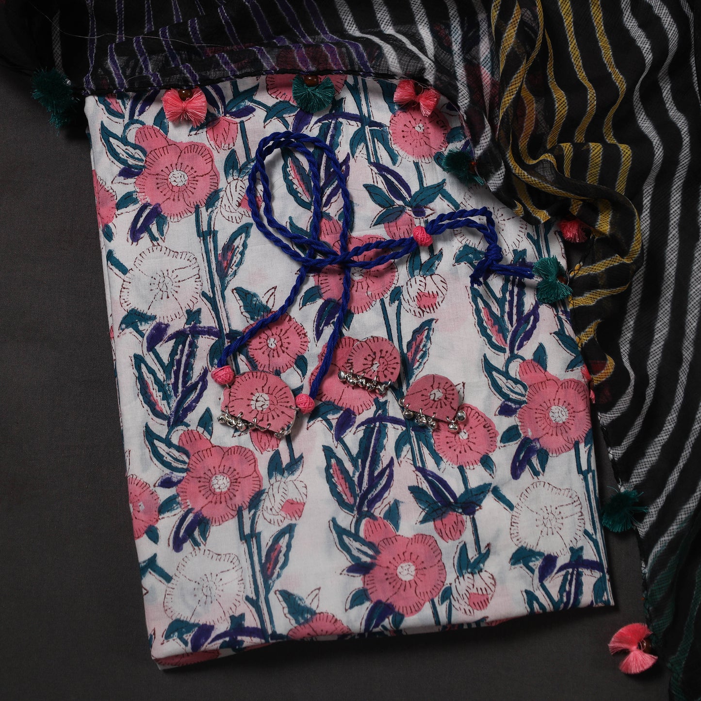 Pink Designer! Block Print Cotton Dress Material with Jewellery Set