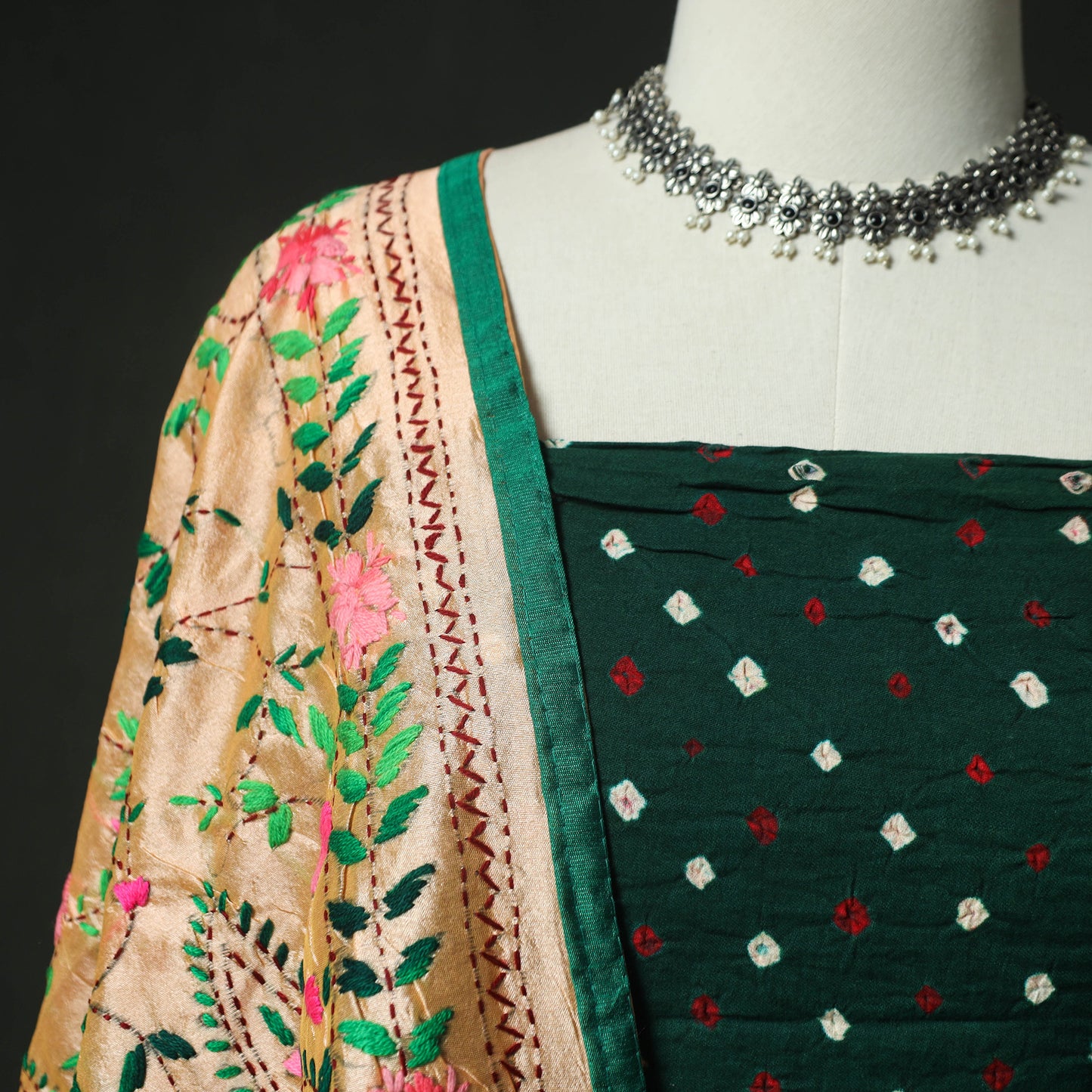 Green - Kutch Bandhani Tie-Dye Cotton 2pc Unstitched Dress Material Kurta Set with Earrings 07