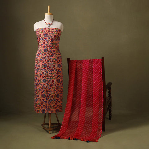 Peach Designer! Block Print Cotton Dress Material with Jewellery Set