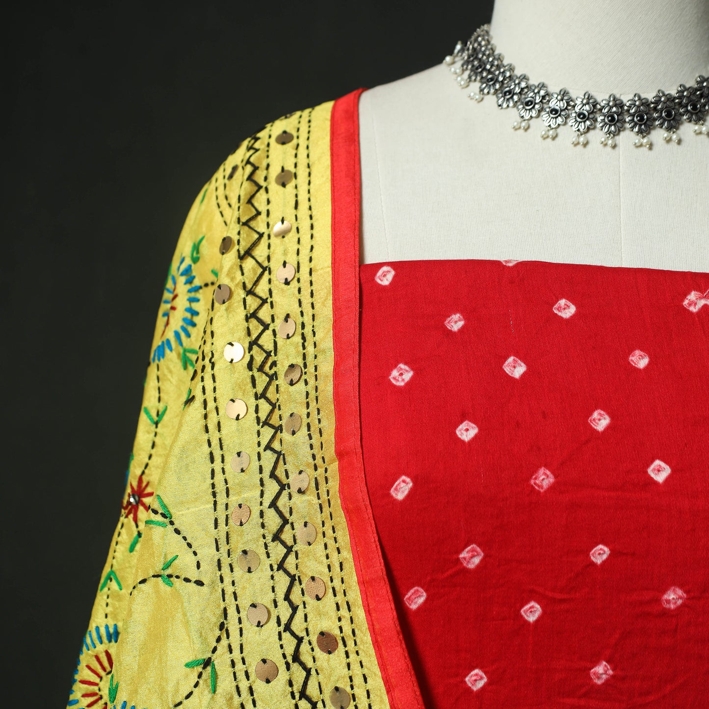 Red - Kutch Bandhani Tie-Dye Cotton 2pc Unstitched Dress Material Kurta Set with Earrings 08