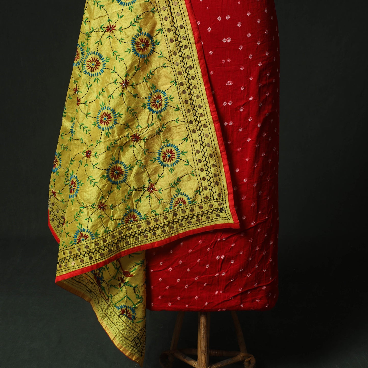 Red - Kutch Bandhani Tie-Dye Cotton 2pc Unstitched Dress Material Kurta Set with Earrings 08