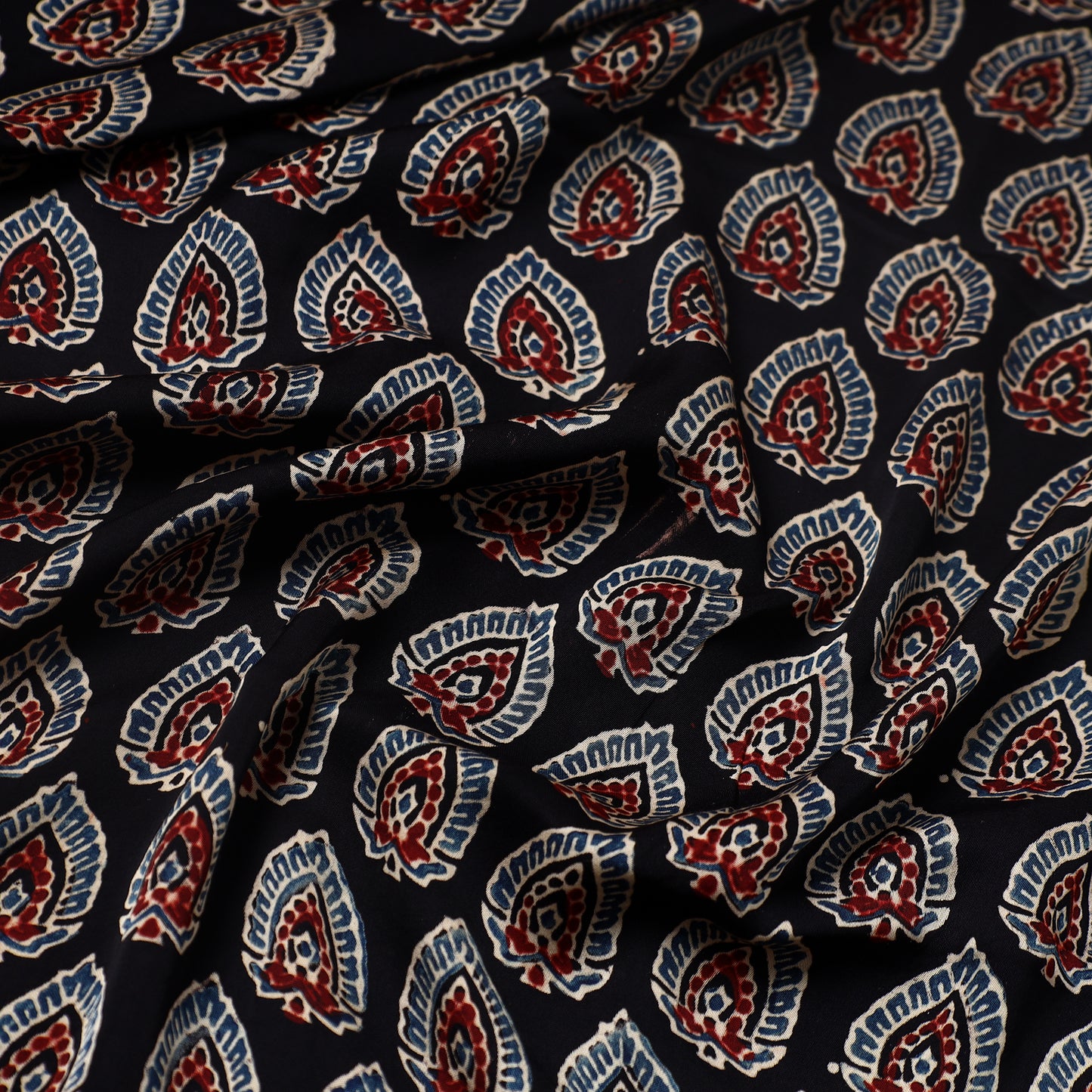 Black - Ajrakh Hand Block Printed Modal Silk Precut Fabric (3 meter) 35