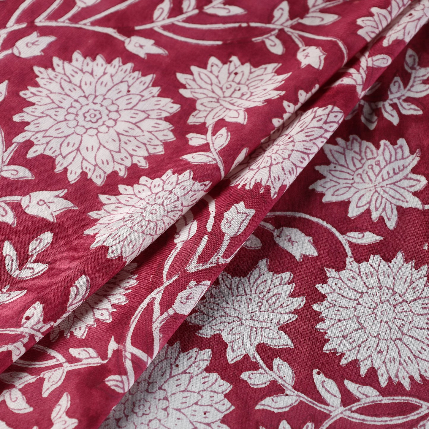 Pink - Dahlia Flowers Sanganeri Block Printed Mul Cotton Fabric