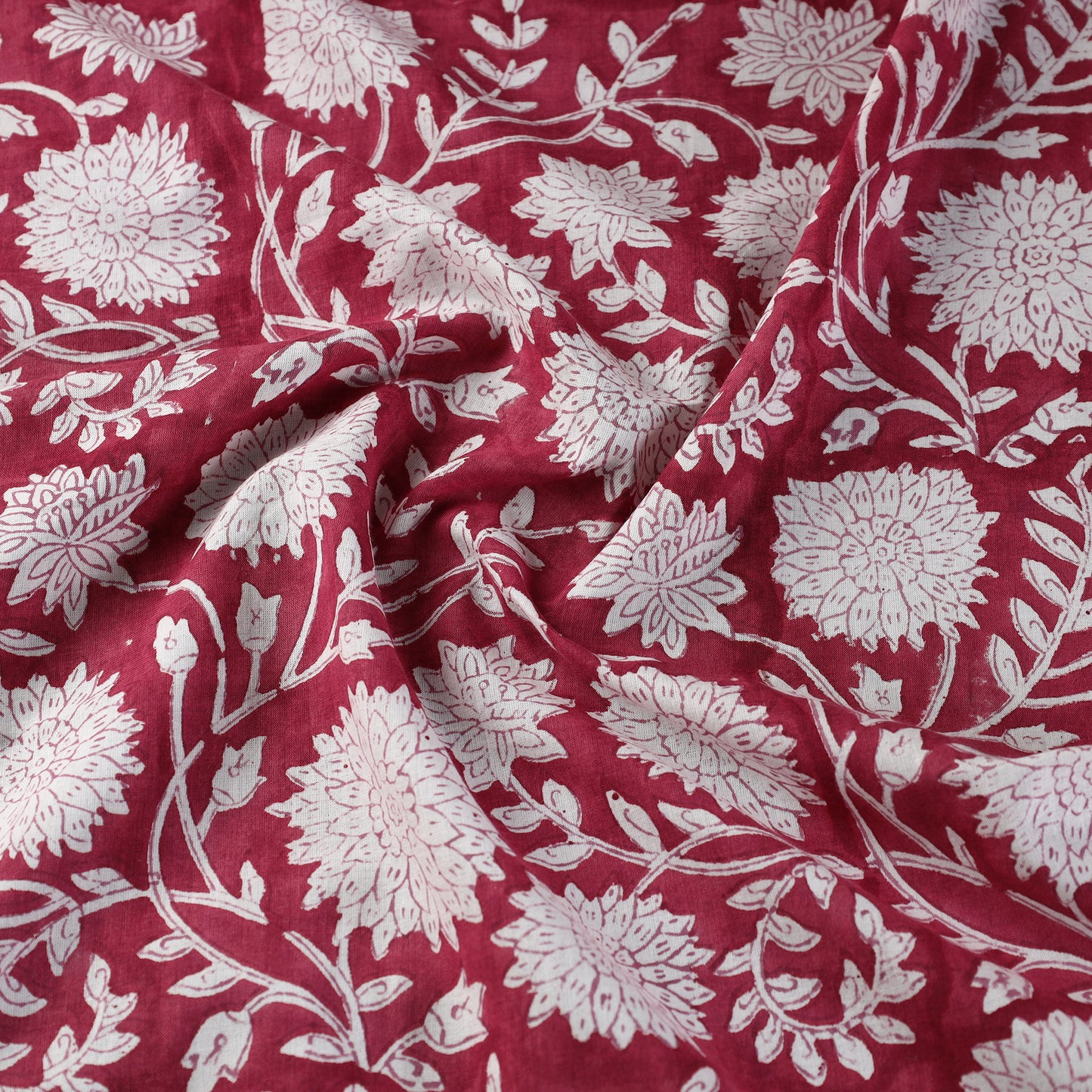 Pink - Dahlia Flowers Sanganeri Block Printed Mul Cotton Fabric