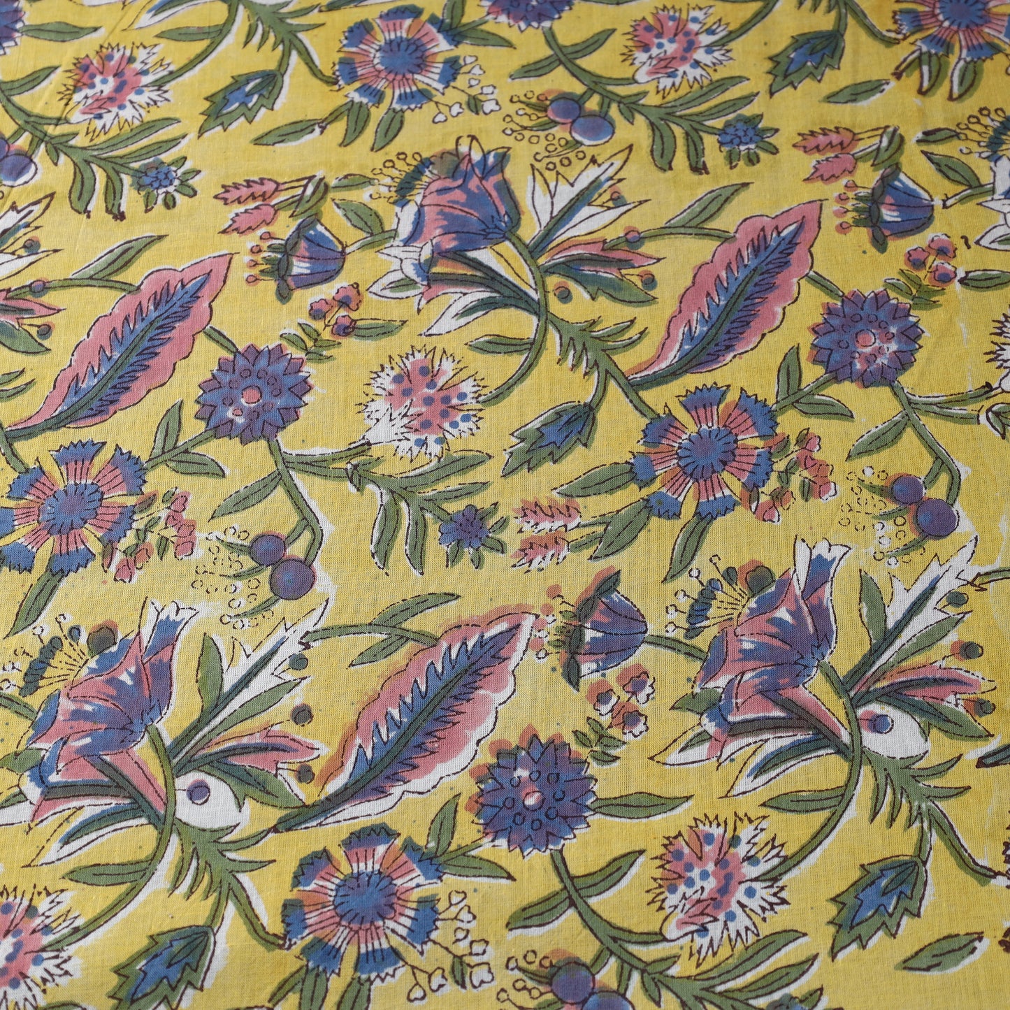 Yellow Floral Bunch Sanganeri Block Printed Cotton Fabric