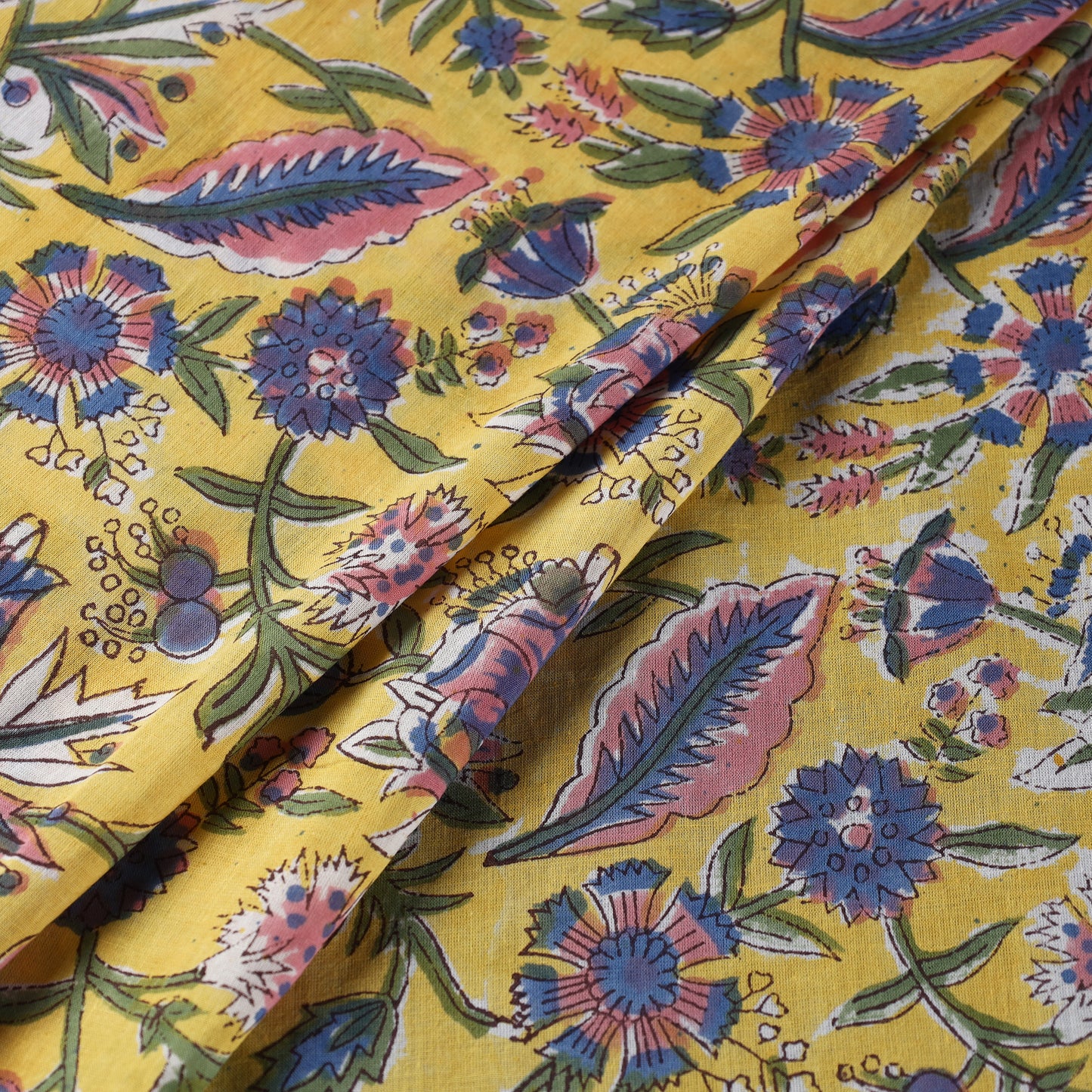 Yellow Floral Bunch Sanganeri Block Printed Cotton Fabric