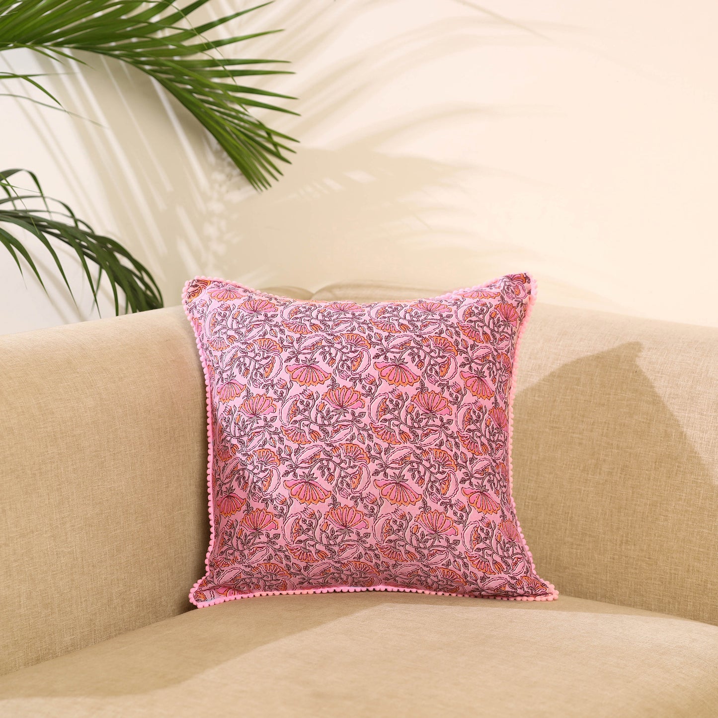  Pink Block Print Cotton Sanganeri Cushion Cover
