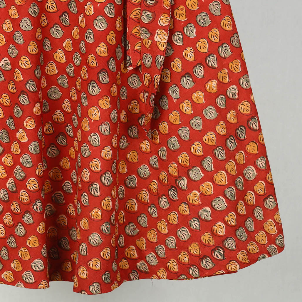 Red - Block Printed Cotton Wrap Around Kalamkari Skirt 05