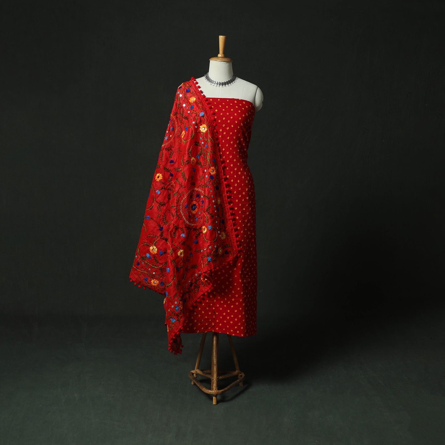 Red - Kutch Bandhani Tie-Dye Cotton 2pc Unstitched Dress Material Kurta Set with Earrings 10