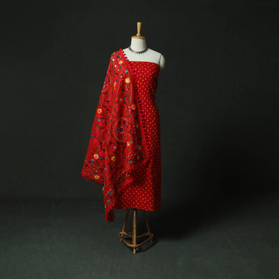 Red - Kutch Bandhani Tie-Dye Cotton 2pc Unstitched Dress Material Kurta Set with Earrings 10