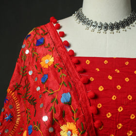 Red - Kutch Bandhani Tie-Dye Cotton 2pc Unstitched Dress Material Kurta Set with Earrings 10