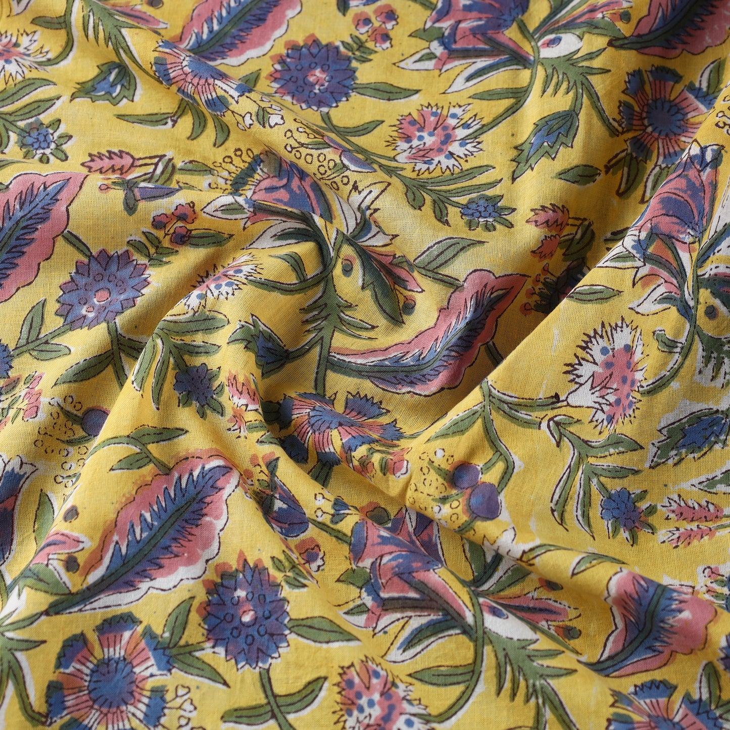 Yellow Floral Bunch Sanganeri Block Printed Cotton Fabric