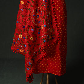 Red - Kutch Bandhani Tie-Dye Cotton 2pc Unstitched Dress Material Kurta Set with Earrings 10
