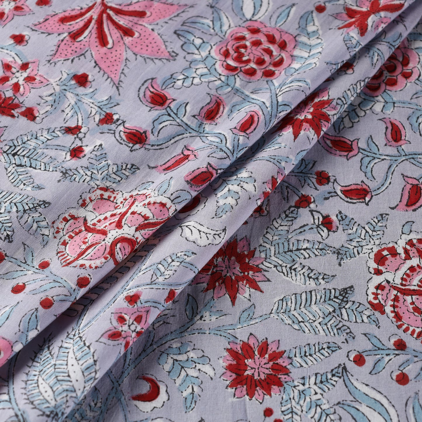 Grey - Pink Gulshan Bagh Sanganeri Block Printed Cotton Fabric
