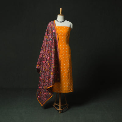 Yellow - Kutch Bandhani Tie-Dye Cotton 2pc Unstitched Dress Material Kurta Set with Earrings 11