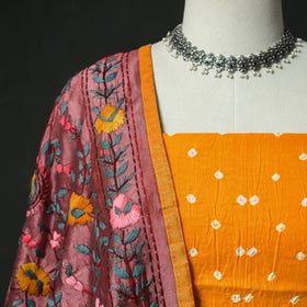 Yellow - Kutch Bandhani Tie-Dye Cotton 2pc Unstitched Dress Material Kurta Set with Earrings 11