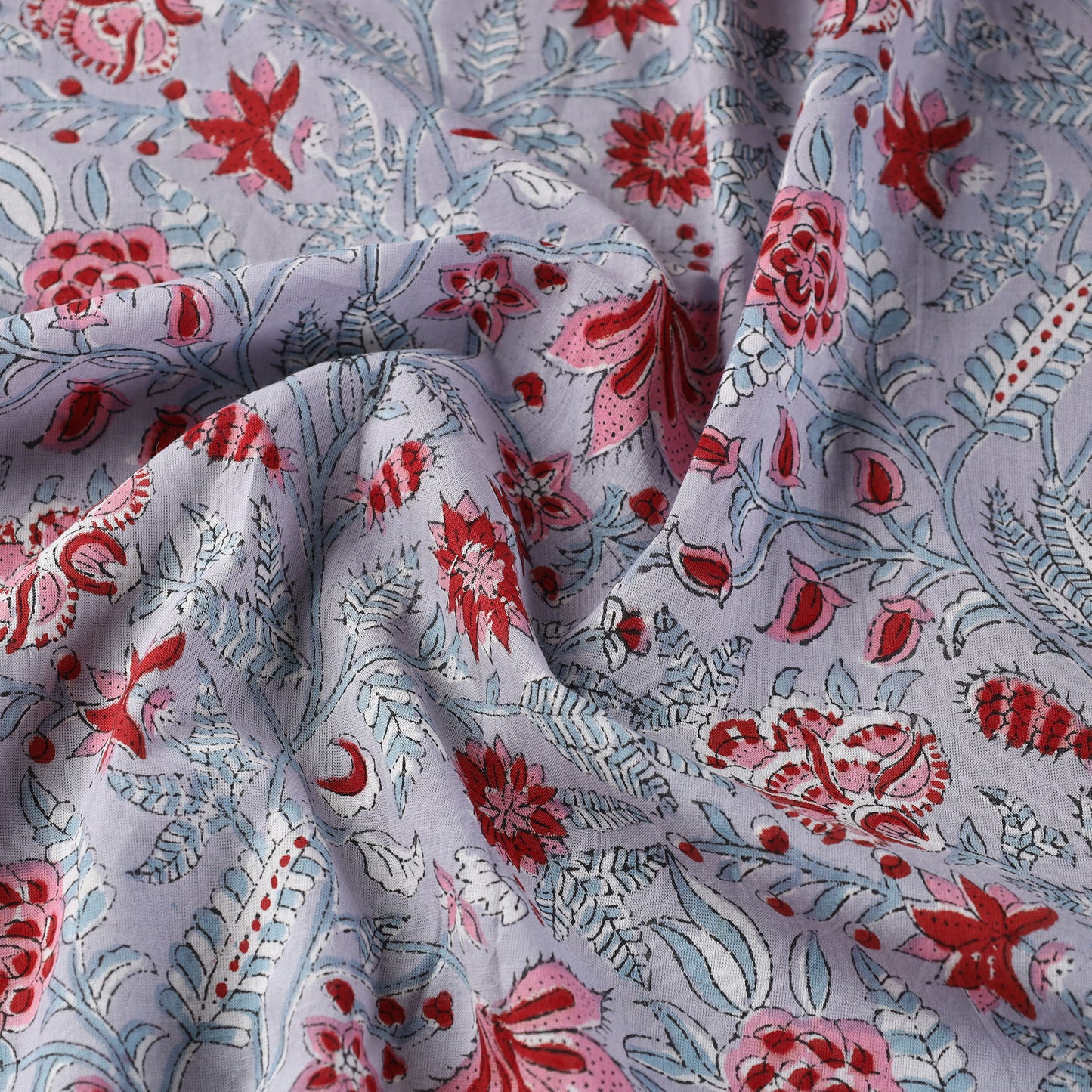 Grey - Pink Gulshan Bagh Sanganeri Block Printed Cotton Fabric