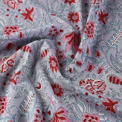 Grey - Pink Gulshan Bagh Sanganeri Block Printed Cotton Fabric