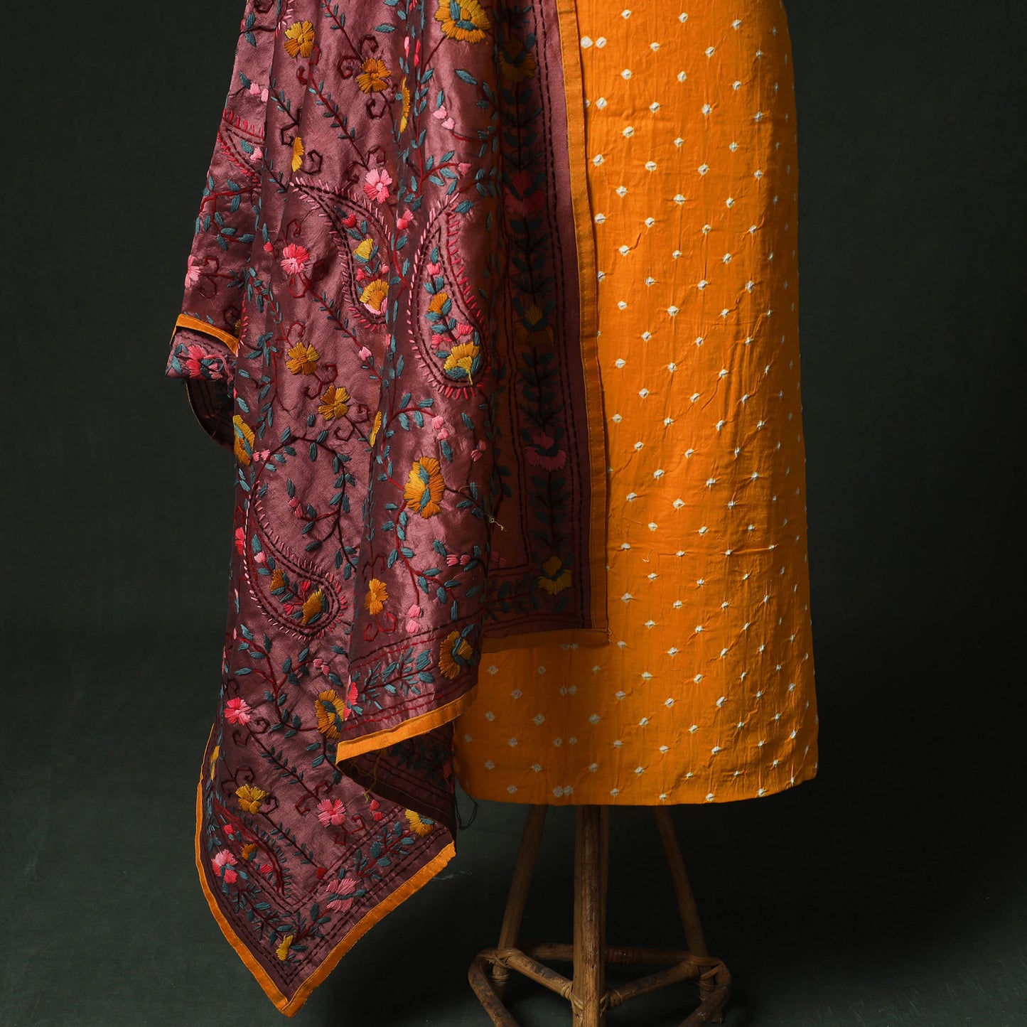 Yellow - Kutch Bandhani Tie-Dye Cotton 2pc Unstitched Dress Material Kurta Set with Earrings 11