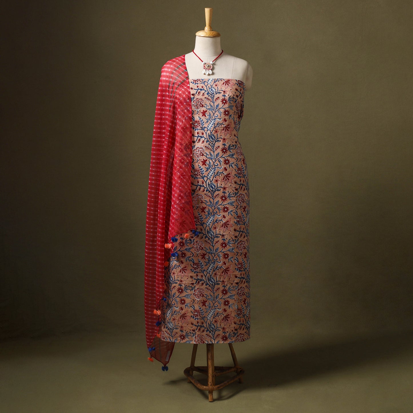 Peach Designer! Block Print Cotton Dress Material with Jewellery Set