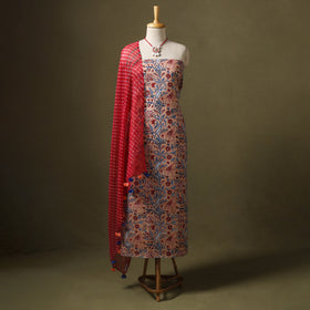 Peach Designer! Block Print Cotton Dress Material with Jewellery Set