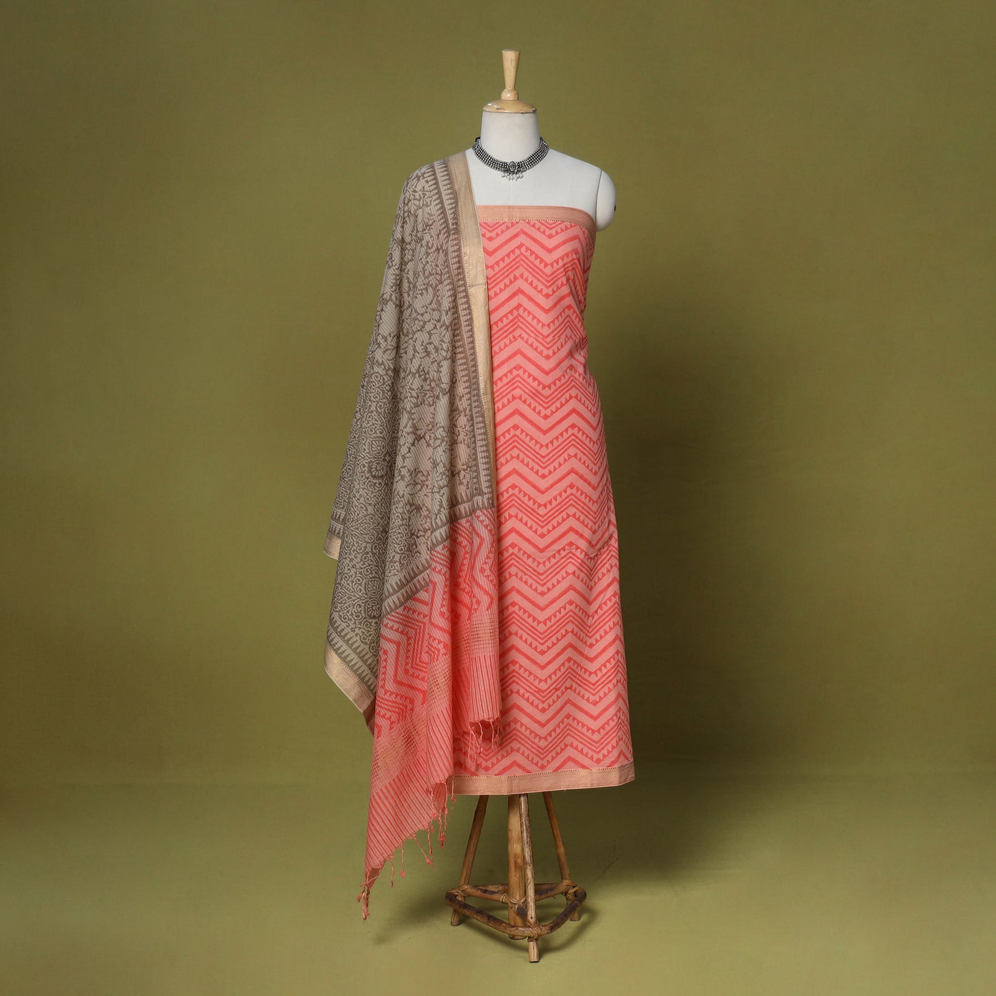 Pink - 3pc cotton unstitched mangalagiri dress material 26