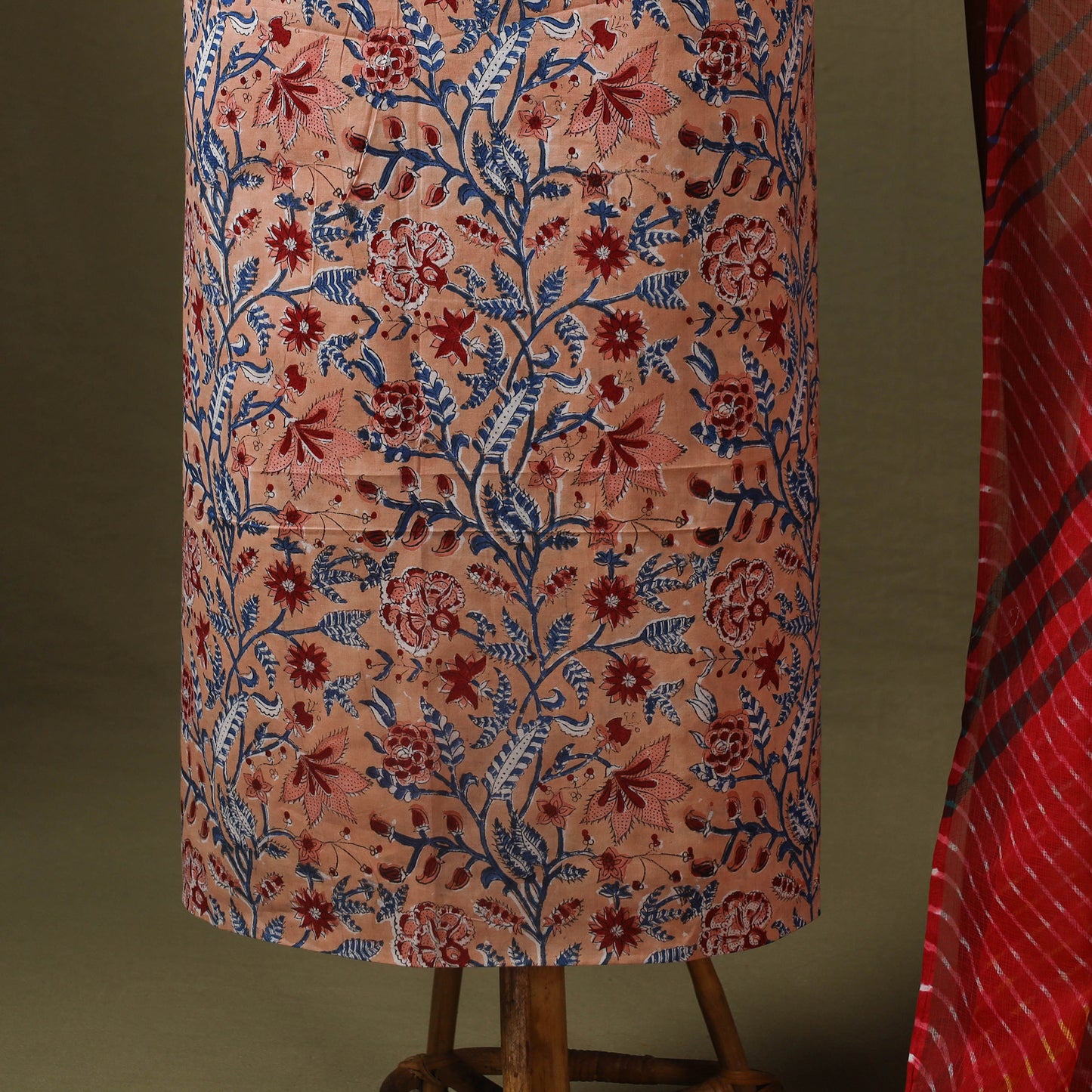 Peach Designer! Block Print Cotton Dress Material with Jewellery Set