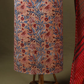 Peach Designer! Block Print Cotton Dress Material with Jewellery Set