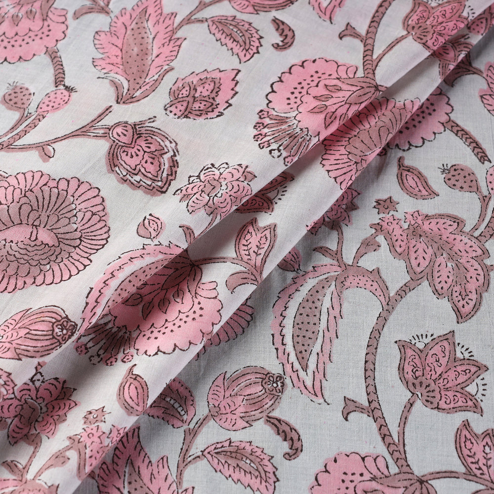 Pink Floral Jaal Sanganeri Block Printed Cotton Fabric