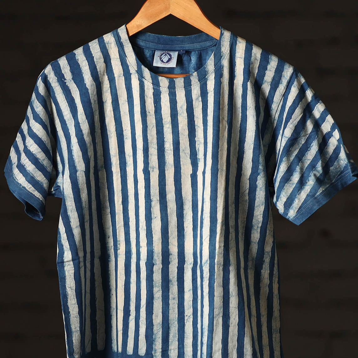 Blue - Bindaas Natural Dyed Art Block Print Round Neck T-shirt in Pure Cotton