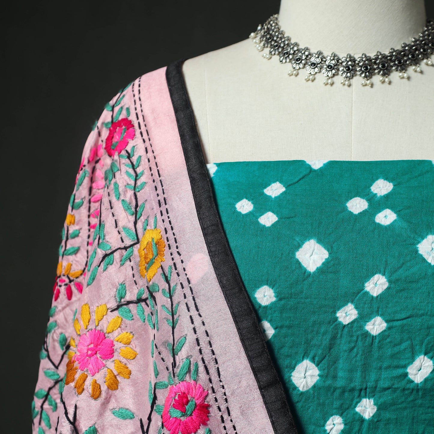 Green - Kutch Bandhani Tie-Dye Cotton 2pc Unstitched Dress Material Kurta Set with Earrings 12
