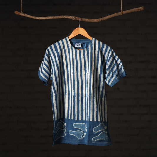 Blue - Bindaas Natural Dyed Art Block Print Round Neck T-shirt in Pure Cotton