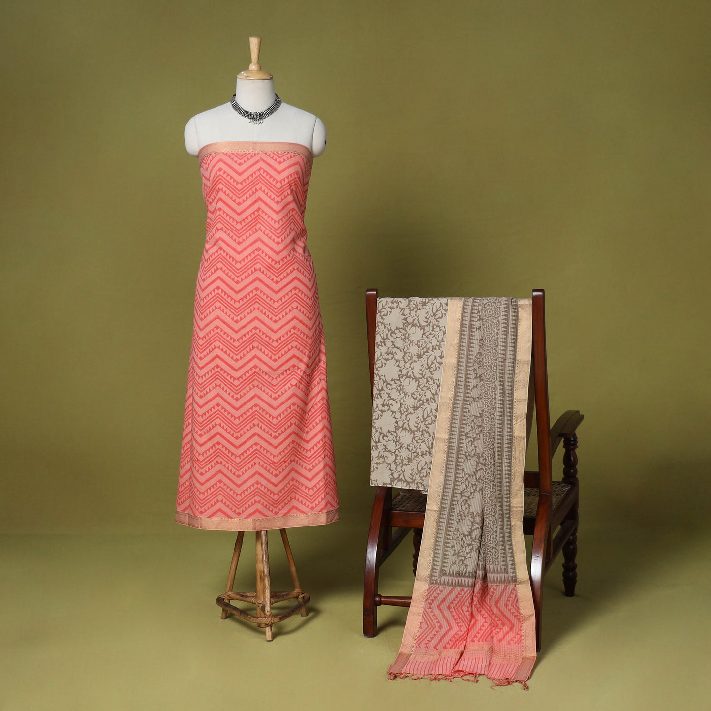 Pink - 3pc cotton unstitched mangalagiri dress material 26