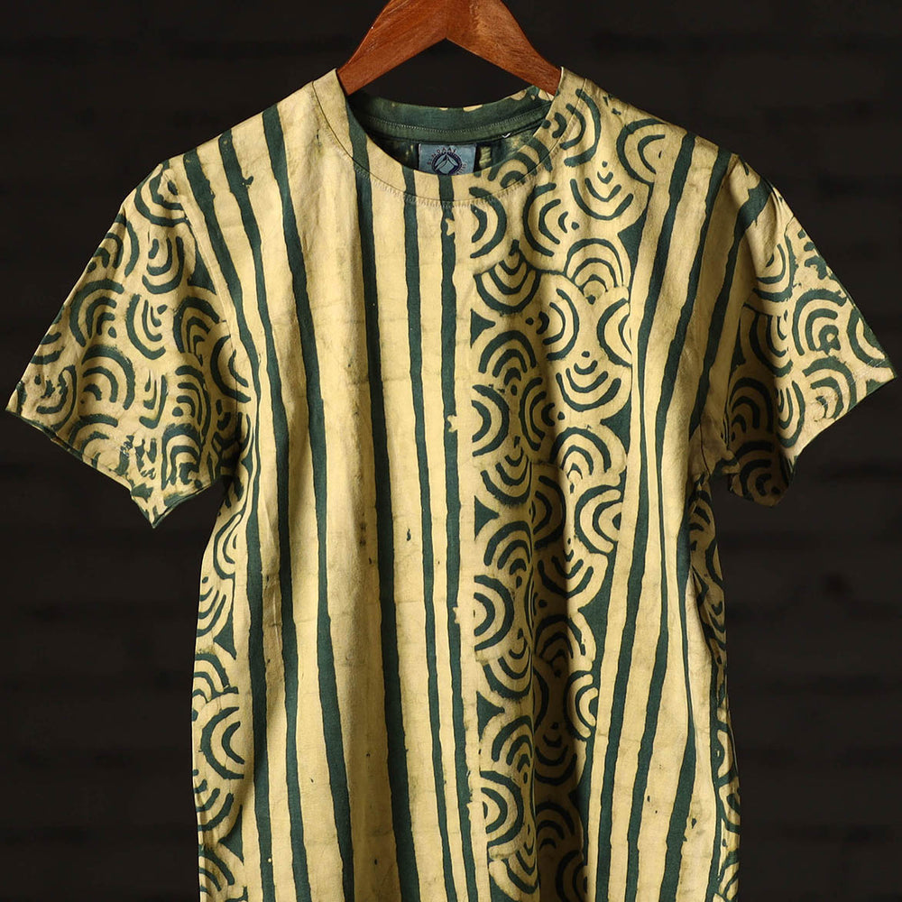 Green - Bindaas Natural Dyed Art Block Print Round Neck T-shirt in Pure Cotton