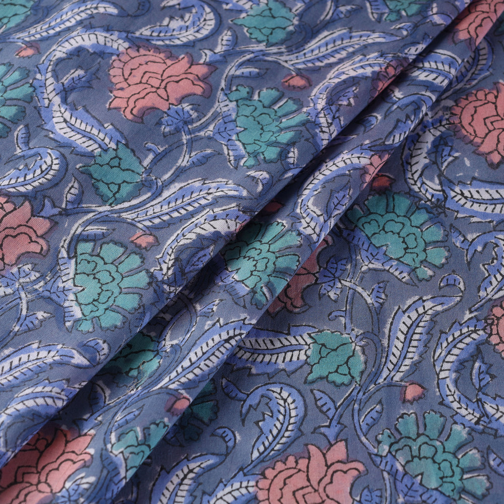 Blue - Floral Sanganeri Block Print Cotton Fabric 03