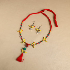Yellow Handmade Wooden Bird Beaded Necklace Set
