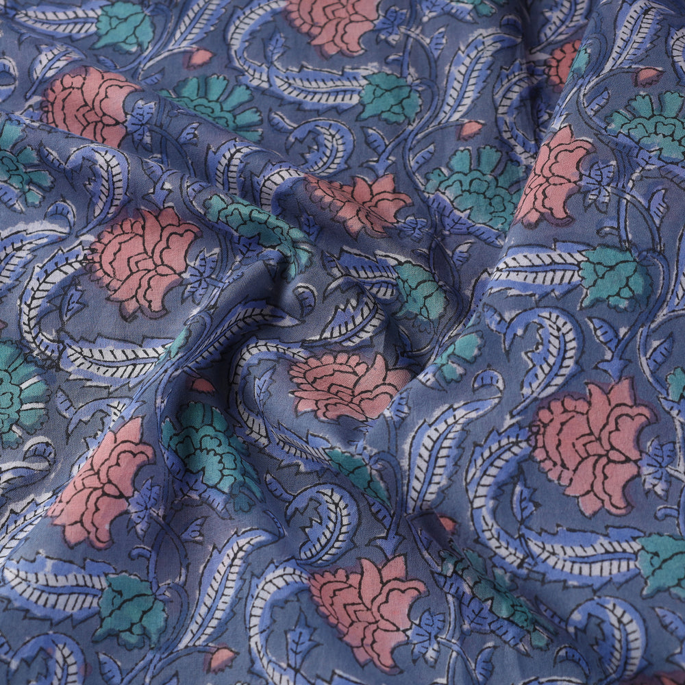 Blue - Floral Sanganeri Block Print Cotton Fabric 03