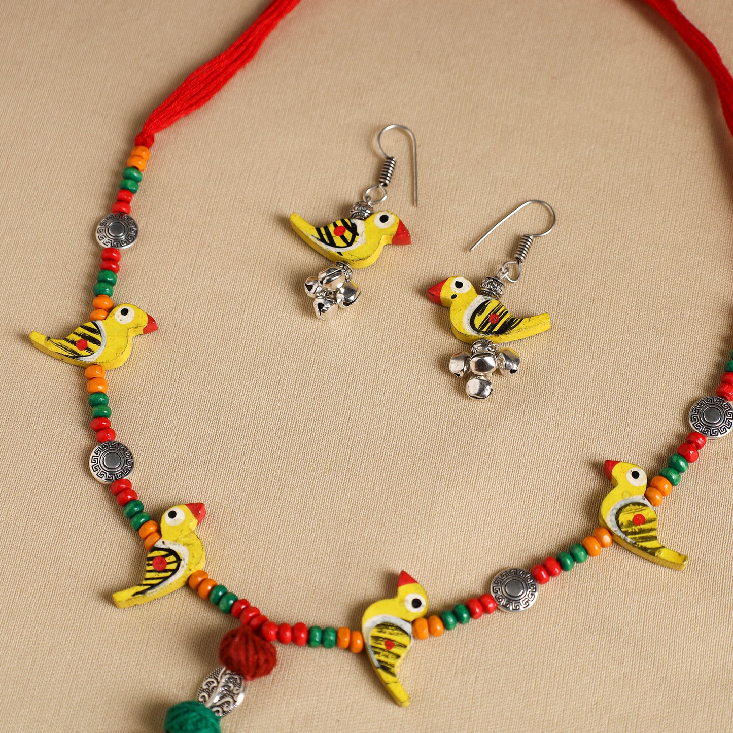 Yellow Handmade Wooden Bird Beaded Necklace Set